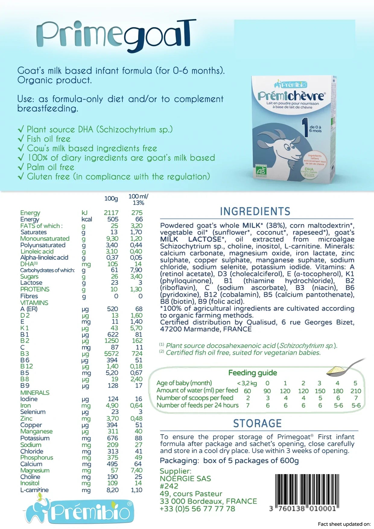 Premibio Organic Premichevre Infant Goat Formula- Stage 1 (0 to 6 months) -600g